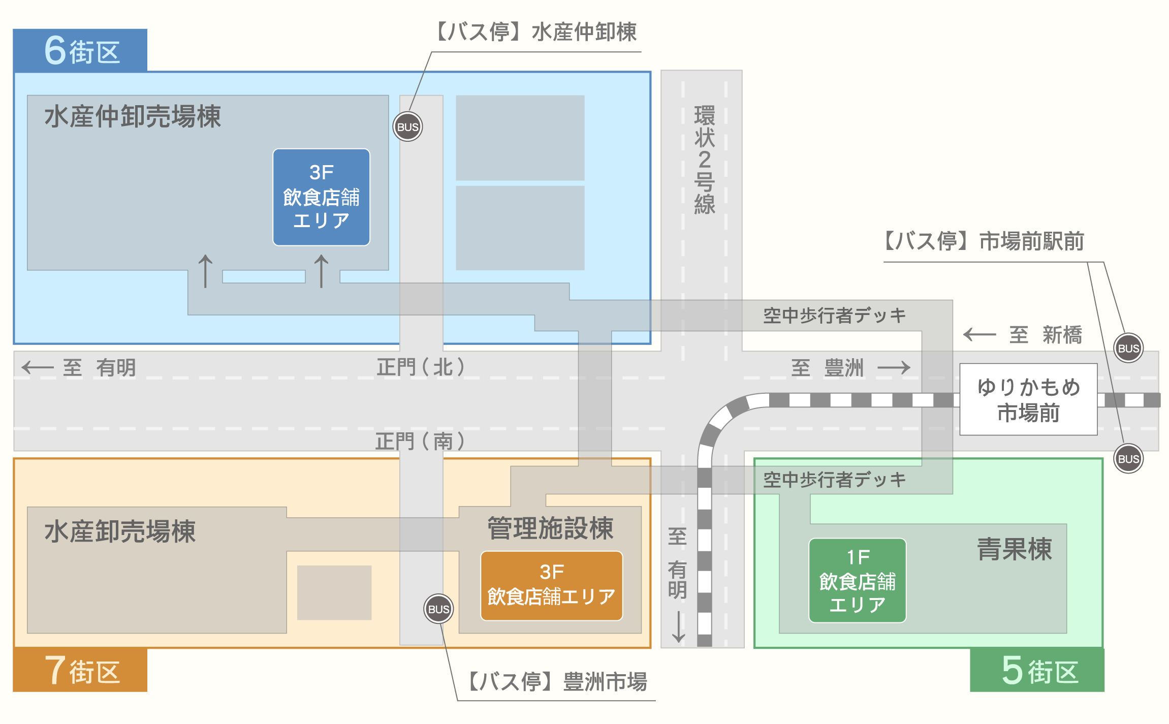 駅・バス停から飲食店舗エリアへ